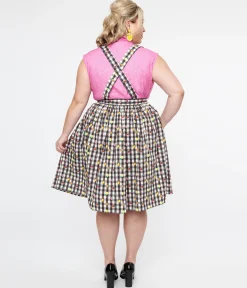Hell Bunny Plus Size 1950s Black & White Gingham & Fruit Cotton Pinafore Swing Skirt