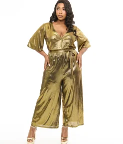 Hell Bunny Plus Size 1970s Gold Lurex Jumpsuit