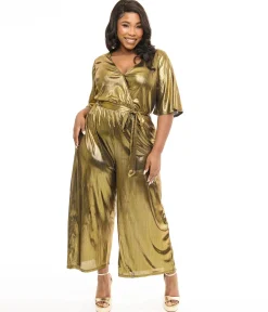 Hell Bunny Plus Size 1970s Gold Lurex Jumpsuit