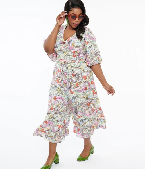 Hell Bunny Plus Size 1960s Pastel Rainbow Hazy Daze Floral Jumpsuit