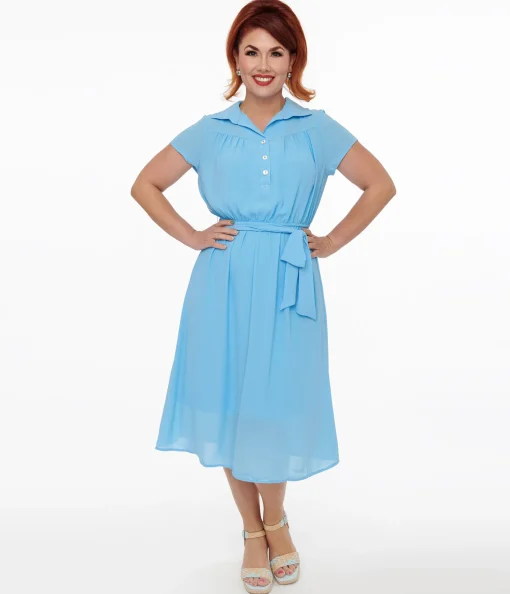 Hell Bunny 1930s Baby Blue Chiffon Midi Pearl Dress