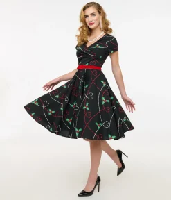 Hell Bunny 1950s Festive Hearts & Holly Print Angelica Swing Dress