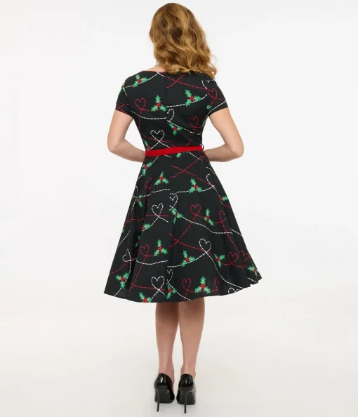 Hell Bunny 1950s Festive Hearts & Holly Print Angelica Swing Dress