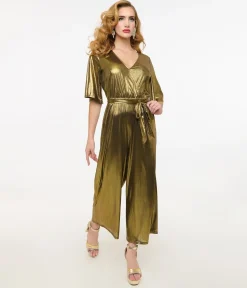 Hell Bunny 1970s Gold Lurex Jumpsuit