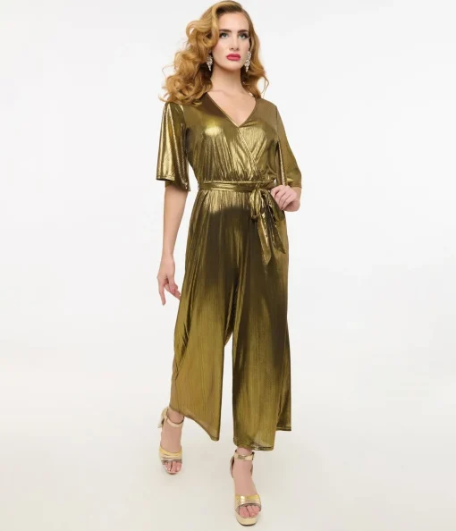 Hell Bunny 1970s Gold Lurex Jumpsuit