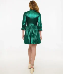 Hell Bunny 1970s Green Metallic Gigi Mini Dress