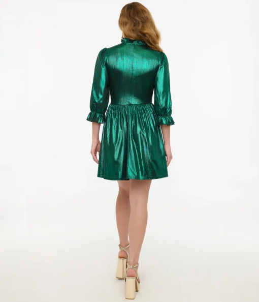 Hell Bunny 1970s Green Metallic Gigi Mini Dress
