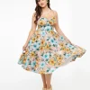 Hell Bunny 1950s Light Brown & Blue Tropical Floral Print Cotton Pattaya Midi Dress