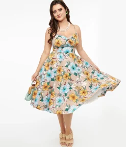 Hell Bunny 1950s Light Brown & Blue Tropical Floral Print Cotton Pattaya Midi Dress