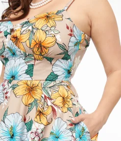 Hell Bunny 1950s Light Brown & Blue Tropical Floral Print Cotton Pattaya Midi Dress