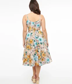 Hell Bunny 1950s Light Brown & Blue Tropical Floral Print Cotton Pattaya Midi Dress