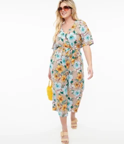 Hell Bunny 1970s Tan & Tropical Floral Print Jumpsuit