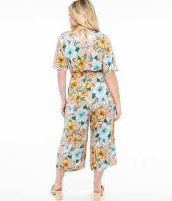 Hell Bunny 1970s Tan & Tropical Floral Print Jumpsuit