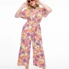 Hot Pink & Purple Floral Flutter Sleeve Jumpsuit