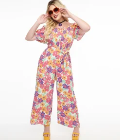 Hot Pink & Purple Floral Flutter Sleeve Jumpsuit