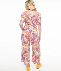 Hot Pink & Purple Floral Flutter Sleeve Jumpsuit