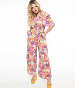 Hot Pink & Purple Floral Flutter Sleeve Jumpsuit