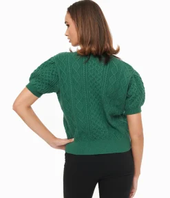 Hunter Green Cable Knit Short Sleeve Sweater