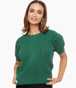 Hunter Green Cable Knit Short Sleeve Sweater