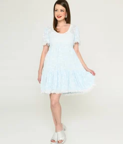 Ice Blue Bat & Moon Flocked Babydoll Dress