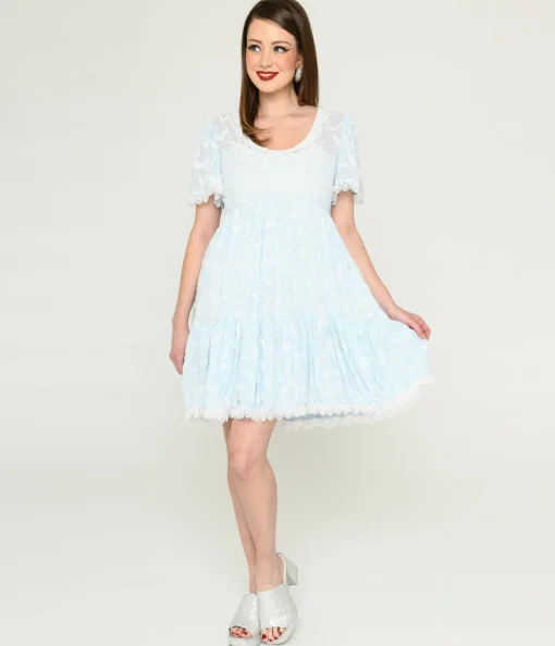 Ice Blue Bat & Moon Flocked Babydoll Dress
