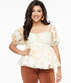 Ivory & Tangerine Floral Babydoll Blouse
