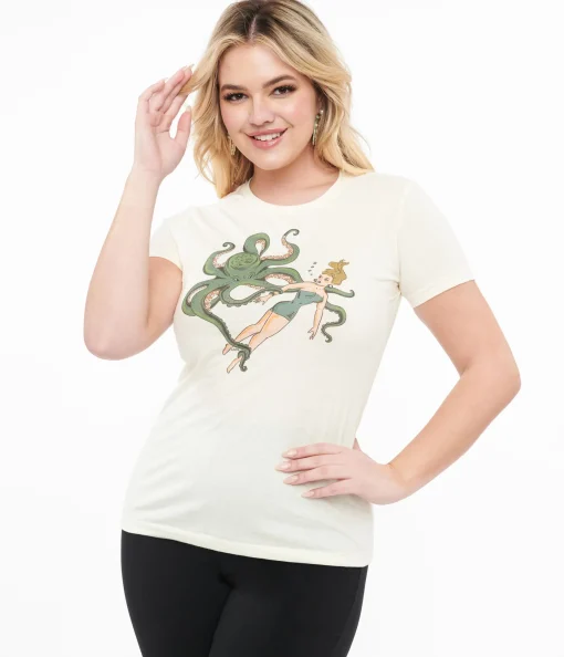 Ivory Girl & Octopus Fitted Graphic Tee