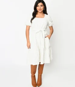 Ivory Textured Smock Fit & Flare Dress