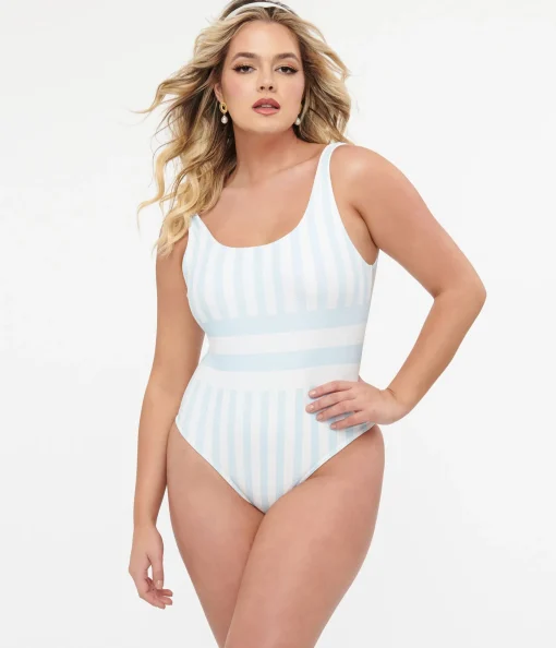 Light Blue & White Stripe One Piece Swimsuit