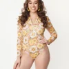 Magnolia Place Mustard Floral Print Long Sleeve Swimsuit