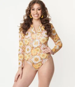 Magnolia Place Mustard Floral Print Long Sleeve Swimsuit