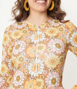 Magnolia Place Mustard Floral Print Long Sleeve Swimsuit