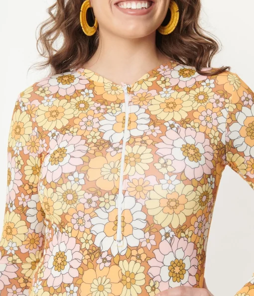 Magnolia Place Mustard Floral Print Long Sleeve Swimsuit