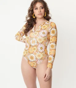 Magnolia Place Mustard Floral Print Long Sleeve Swimsuit