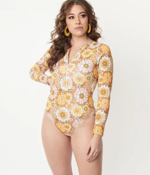 Magnolia Place Mustard Floral Print Long Sleeve Swimsuit