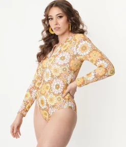 Magnolia Place Mustard Floral Print Long Sleeve Swimsuit