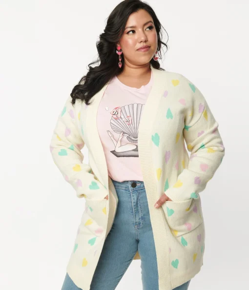 Magnolia Place Plus Size Cream & Pastel Hearts Cardigan
