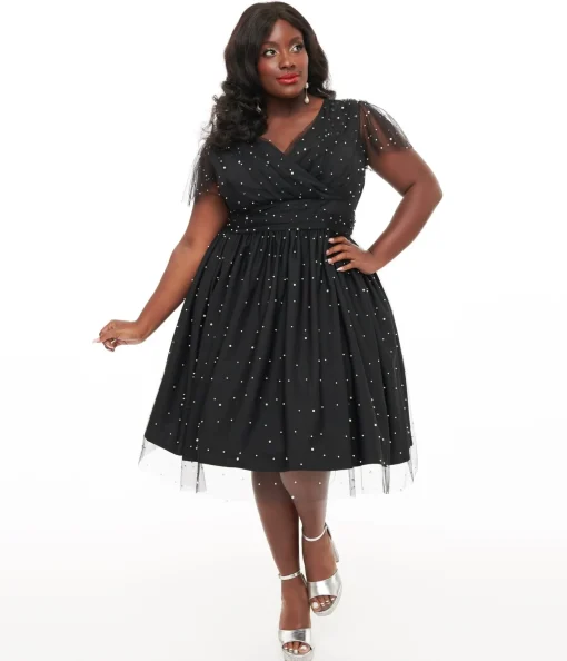 Magnolia Place Plus Size 1950s Black Faux Pearl Swing Dress