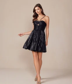 Metallic Black Pleated A-Line Prom Dress