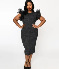 Metallic Black Ruffle Sleeved Knit Midi Wiggle Dress