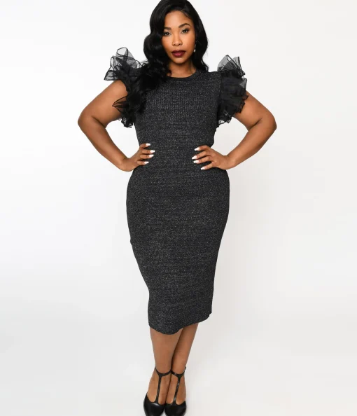 Metallic Black Ruffle Sleeved Knit Midi Wiggle Dress