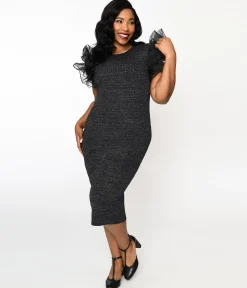 Metallic Black Ruffle Sleeved Knit Midi Wiggle Dress