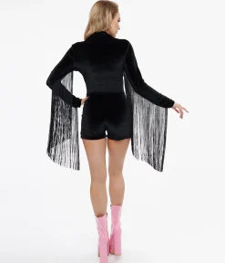 Miracle Eye 1960s Black & Rainbow Stripe Velvet Fringe Romper