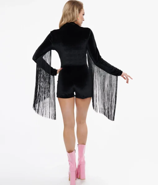 Miracle Eye 1960s Black & Rainbow Stripe Velvet Fringe Romper