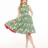 Miss Lulo 1950s Green & Red Holiday Cake Lily Swing Dress