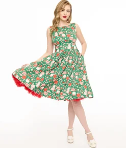 Miss Lulo 1950s Green & Red Holiday Cake Lily Swing Dress