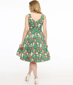 Miss Lulo 1950s Green & Red Holiday Cake Lily Swing Dress