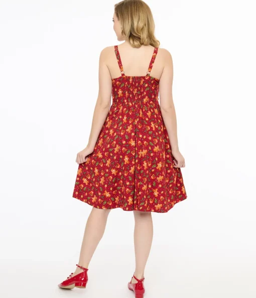 Miss Lulo 1950s Red Gingerbread Man Print Eden Fit & Flare Dress