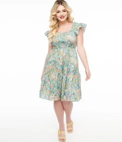 Multicolor Floral Painting Cotton Flare Dress