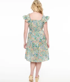 Multicolor Floral Painting Cotton Flare Dress